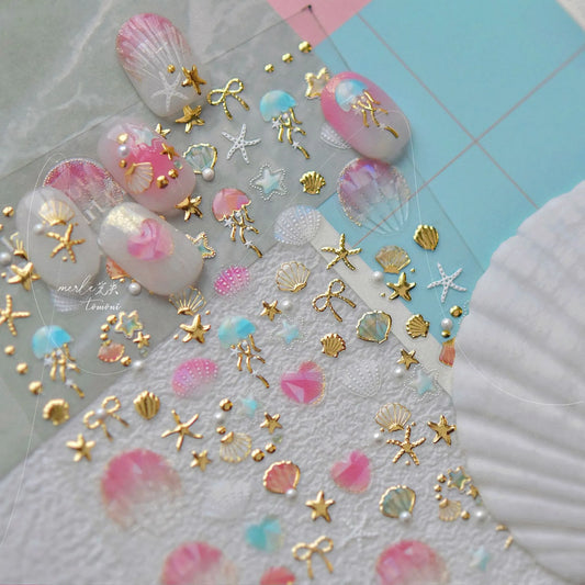 5D Ocean Nail Stickers – Gold & Silver Seashell, Starfish & Jellyfish Nail Art Decals