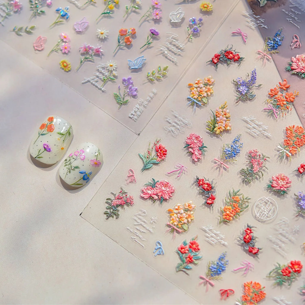 5D Oil Painting Flower Nail Stickers Wildflower Bouquet Decals