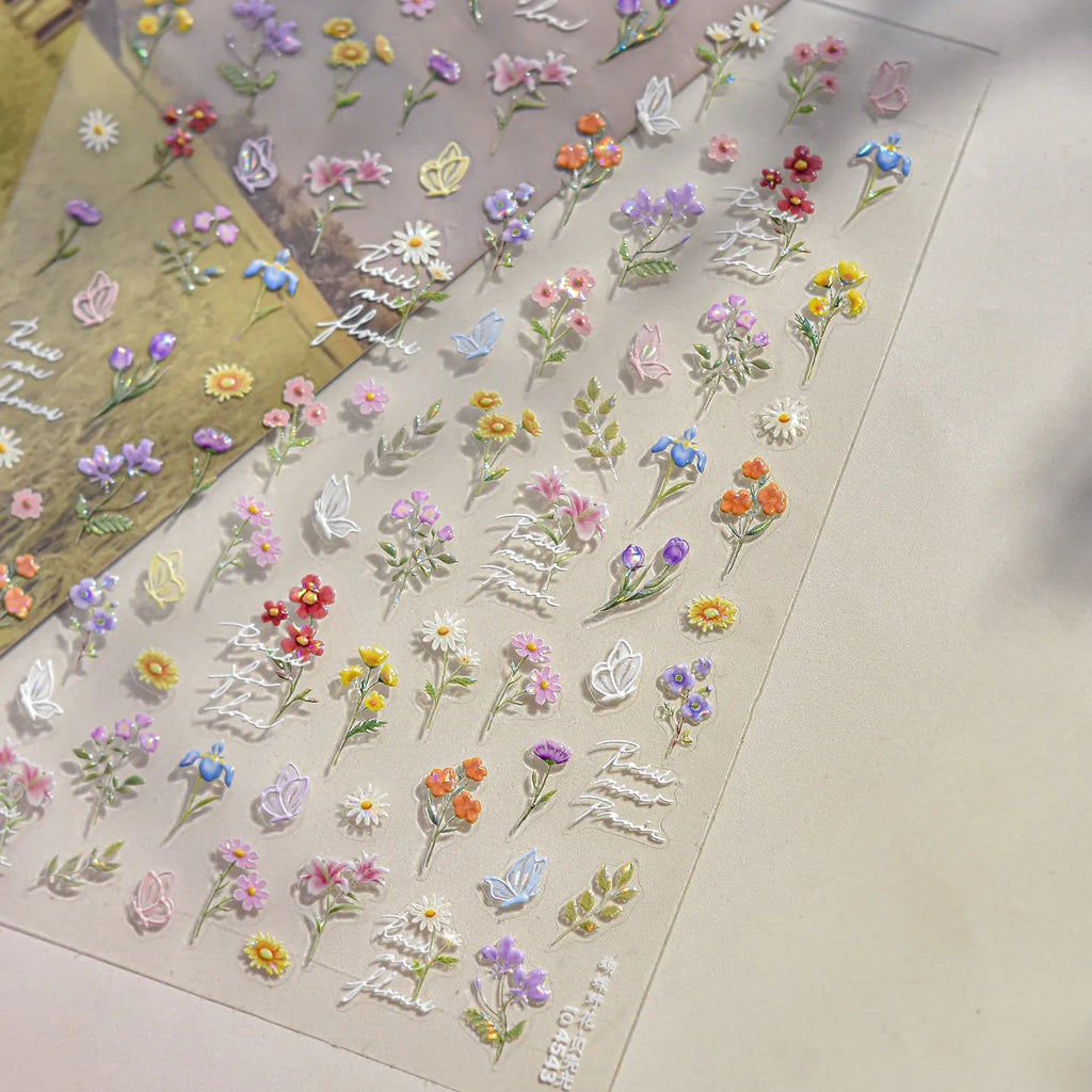 5D Oil Painting Flower Nail Stickers Wildflower Bouquet Decals