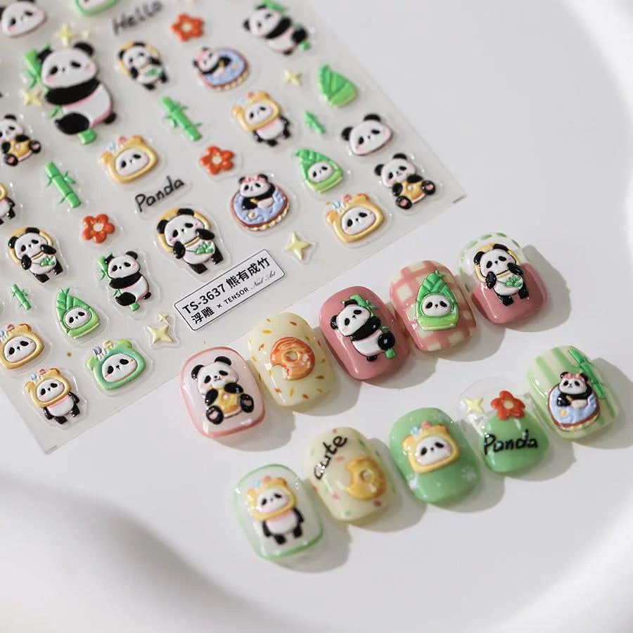 5D Panda Nail Art Stickers Adhesive Slider Cartoon Panda Bamboo Sticker Decals TS3637