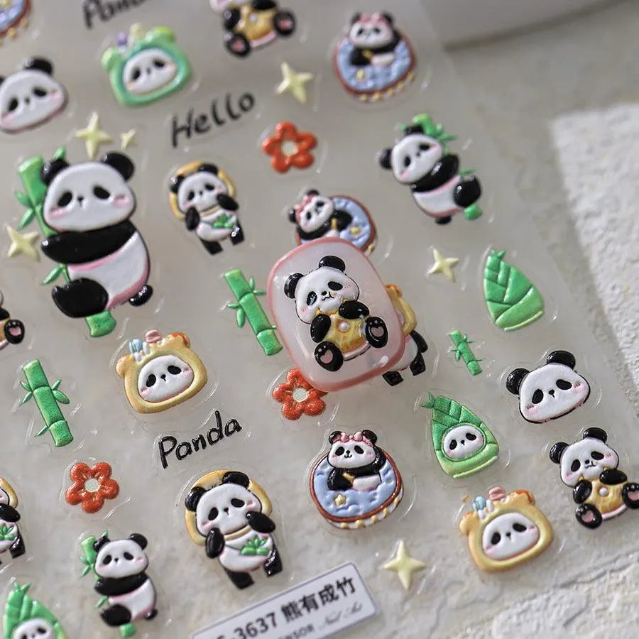 5D Panda Nail Art Stickers Adhesive Slider Cartoon Panda Bamboo Sticker Decals TS3637