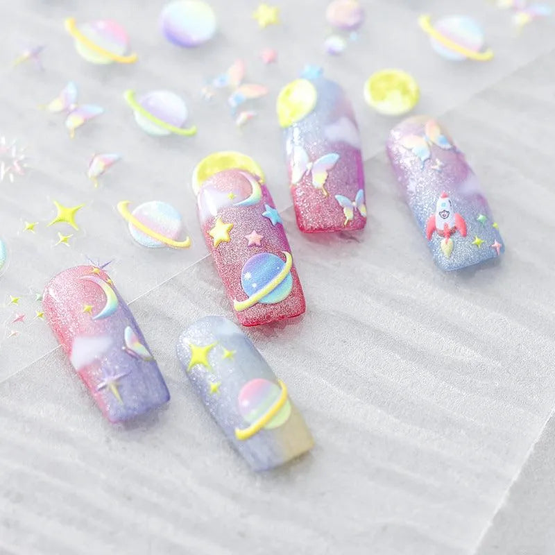 5D Pastel Galaxy Nail Stickers | Cute Iridescent Planet, Star & Butterfly Art Decals TS851