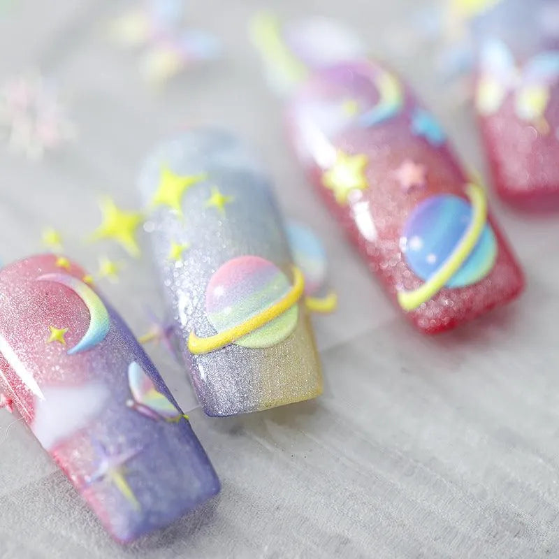 5D Pastel Galaxy Nail Stickers | Cute Iridescent Planet, Star & Butterfly Art Decals TS851