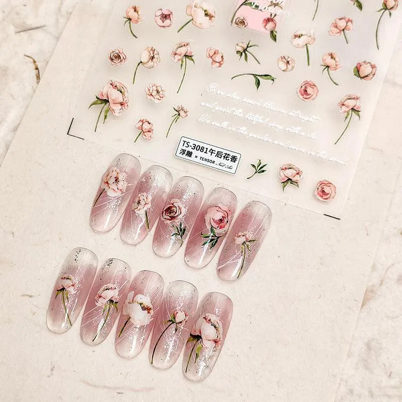 5D Pink Flowers Nail Art Stickers Floral Adhesive Slider Sticker Decals TS3081