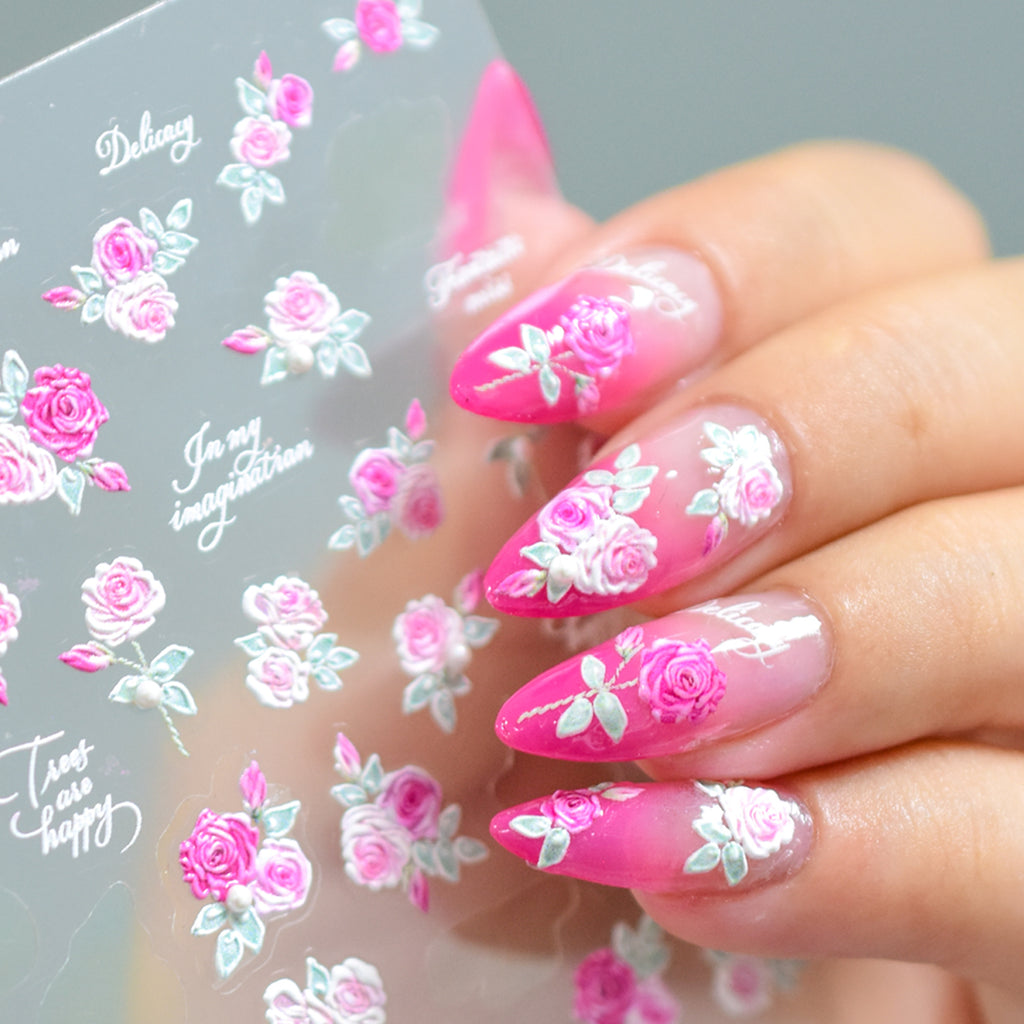 5D Pink Rose Nail Stickers - Coquette Floral Decals 925