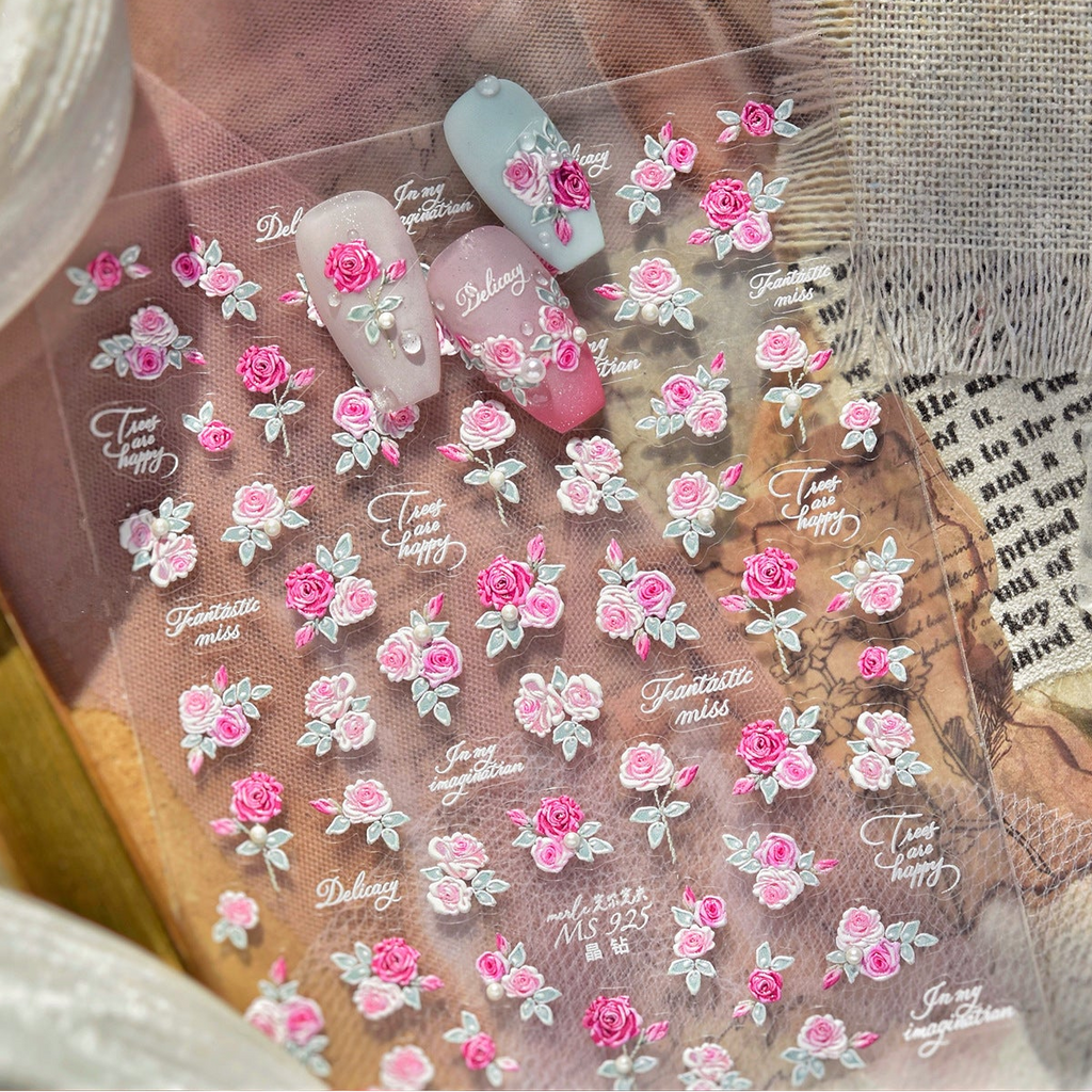 5D Pink Rose Nail Stickers - Coquette Floral Decals 925