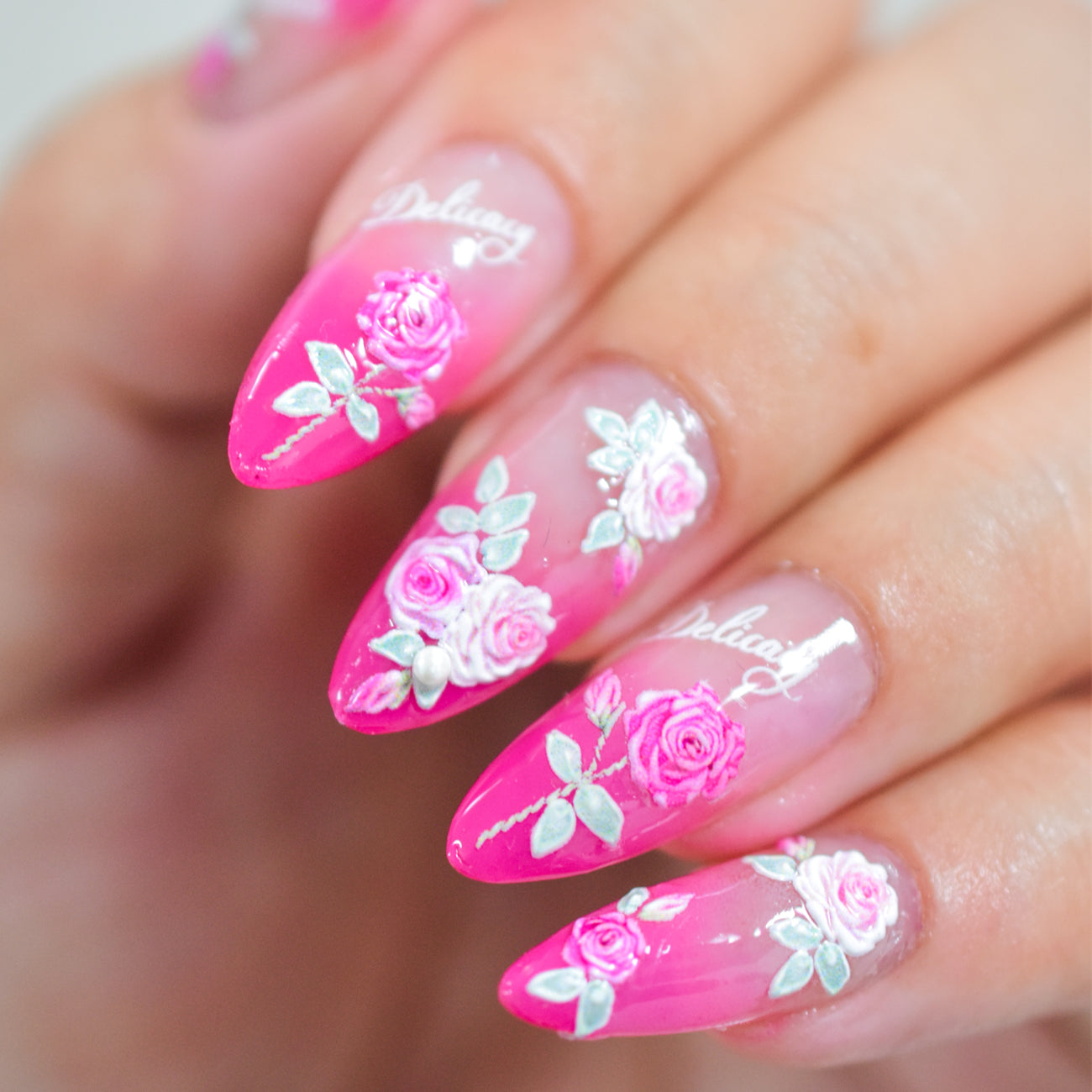 5D Pink Rose Nail Stickers - Coquette Floral Decals 925