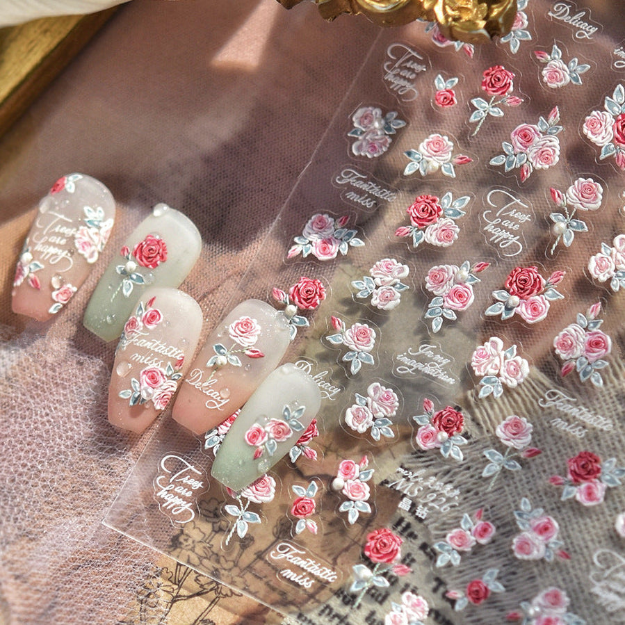 5D Pink Rose Nail Stickers - Coquette Floral Decals 925