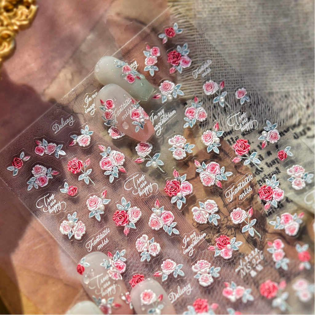 5D Pink Rose Nail Stickers - Coquette Floral Decals 925