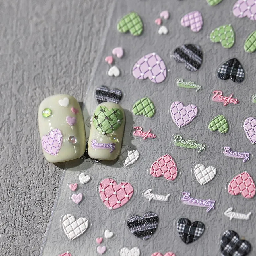 5D Plaid Heart Nail Stickers | Cute Pink & Green Y2K Preppy Nail Art Decals