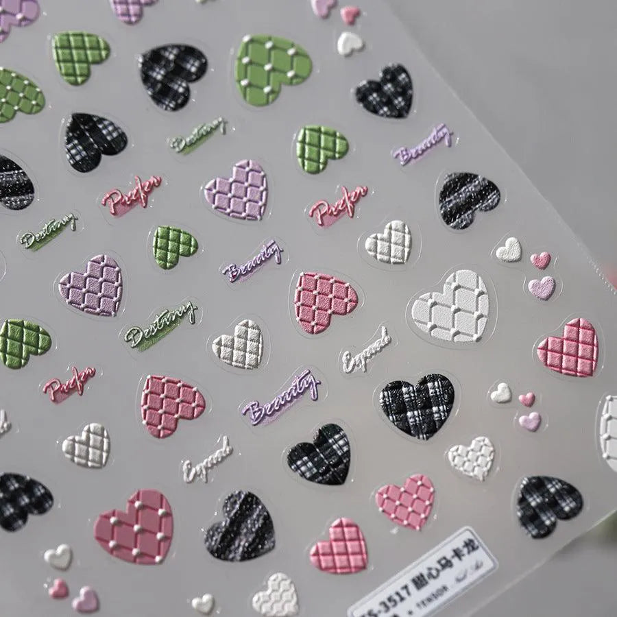 5D Plaid Heart Nail Stickers | Cute Pink & Green Y2K Preppy Nail Art Decals