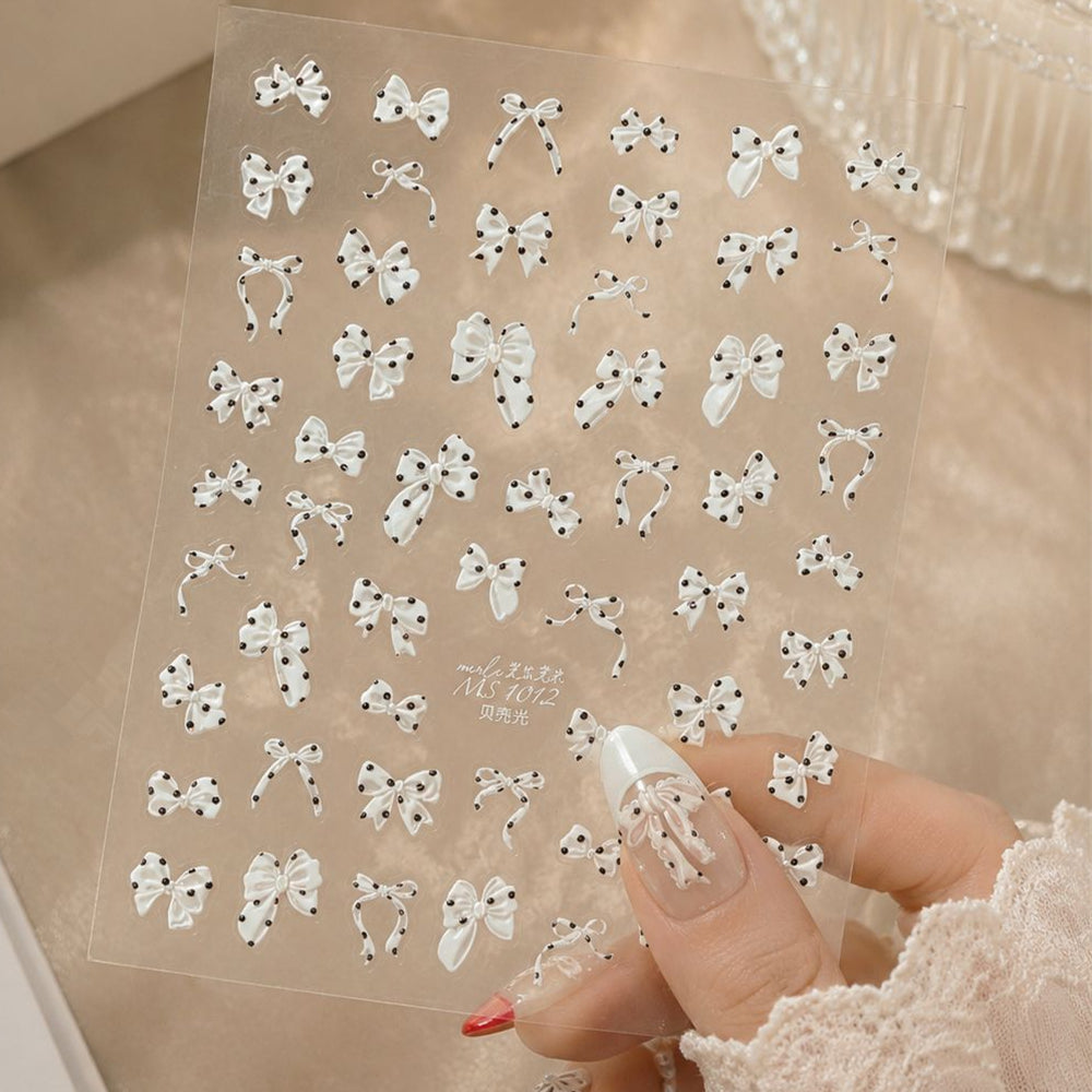 5D Polka Dots Bow Nail Stickers - Shell Light Coquette Pearl Ribbon Decals