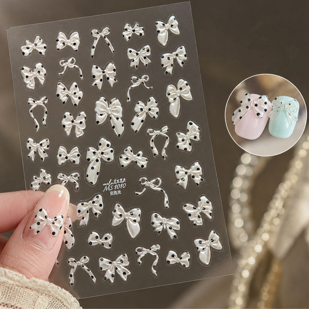 5D Polka Dots Bow Nail Stickers - Shell Light Coquette Pearl Ribbon Decals 1012