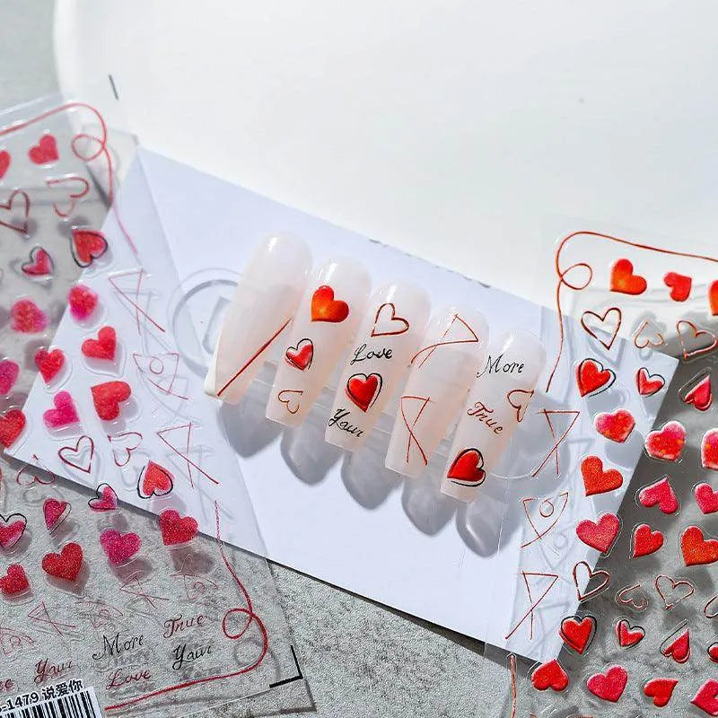 5D Red Hearts Nail Art Stickers Adhesive Love Heart Sticker Decals For Valentine's Day TS1478
