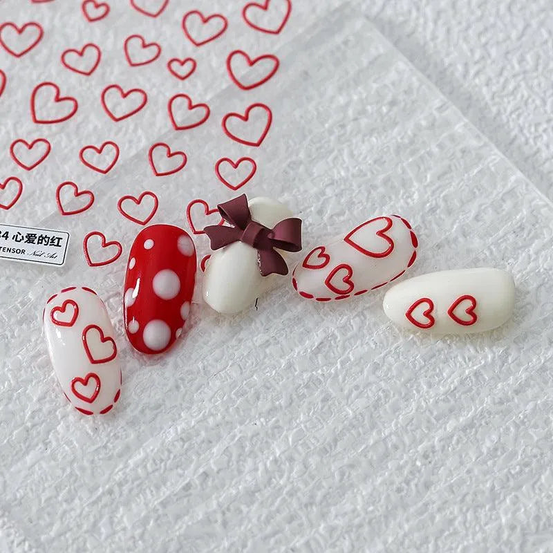 5D Red Love Nail Art Stickers Black White Skeleton Heart Adhesive Sticker Nail Decals For Valentine's Day TS934