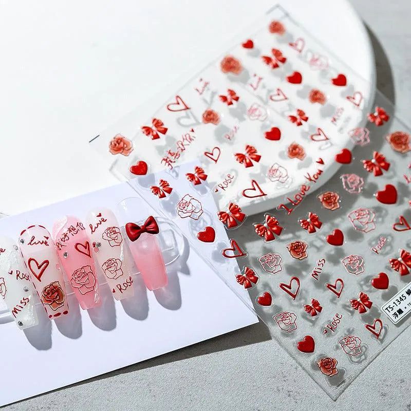 5D Rose Love Nail Art Stickers Adhesive Sliders Red Bows Heart Sticker Decals TS1345