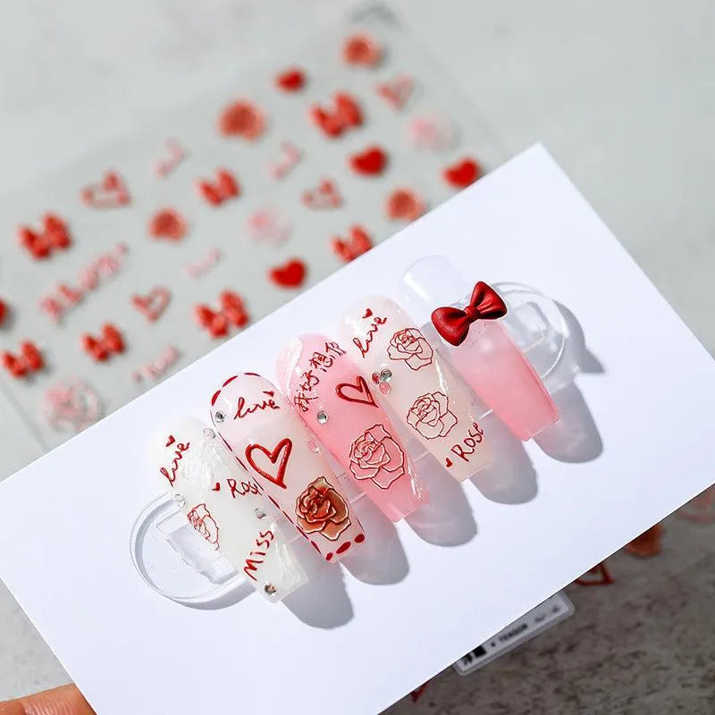 5D Rose Love Nail Art Stickers Adhesive Sliders Red Bows Heart Sticker Decals TS1345