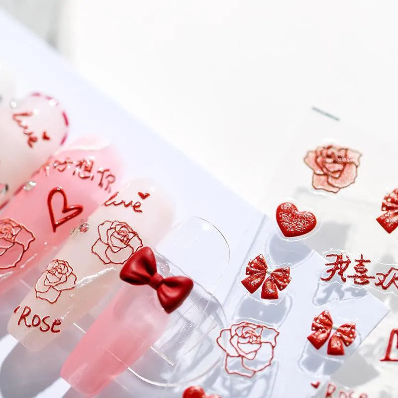 5D Rose Love Nail Art Stickers Adhesive Sliders Red Bows Heart Sticker Decals TS1345