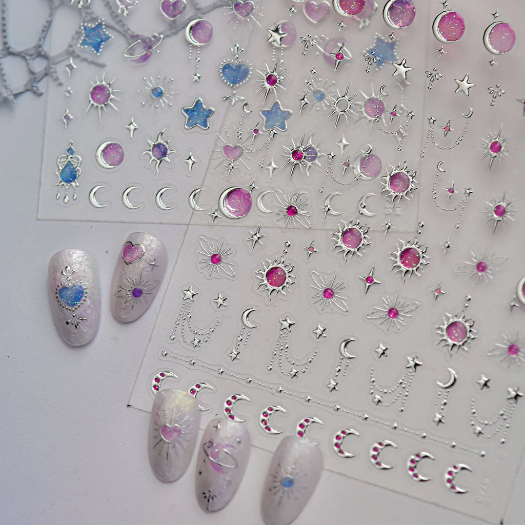 5D Silver Celestial Moon & Star Nail Stickers 5736