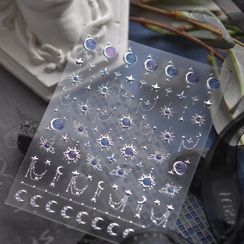 5D Silver Celestial Moon & Star Nail Stickers