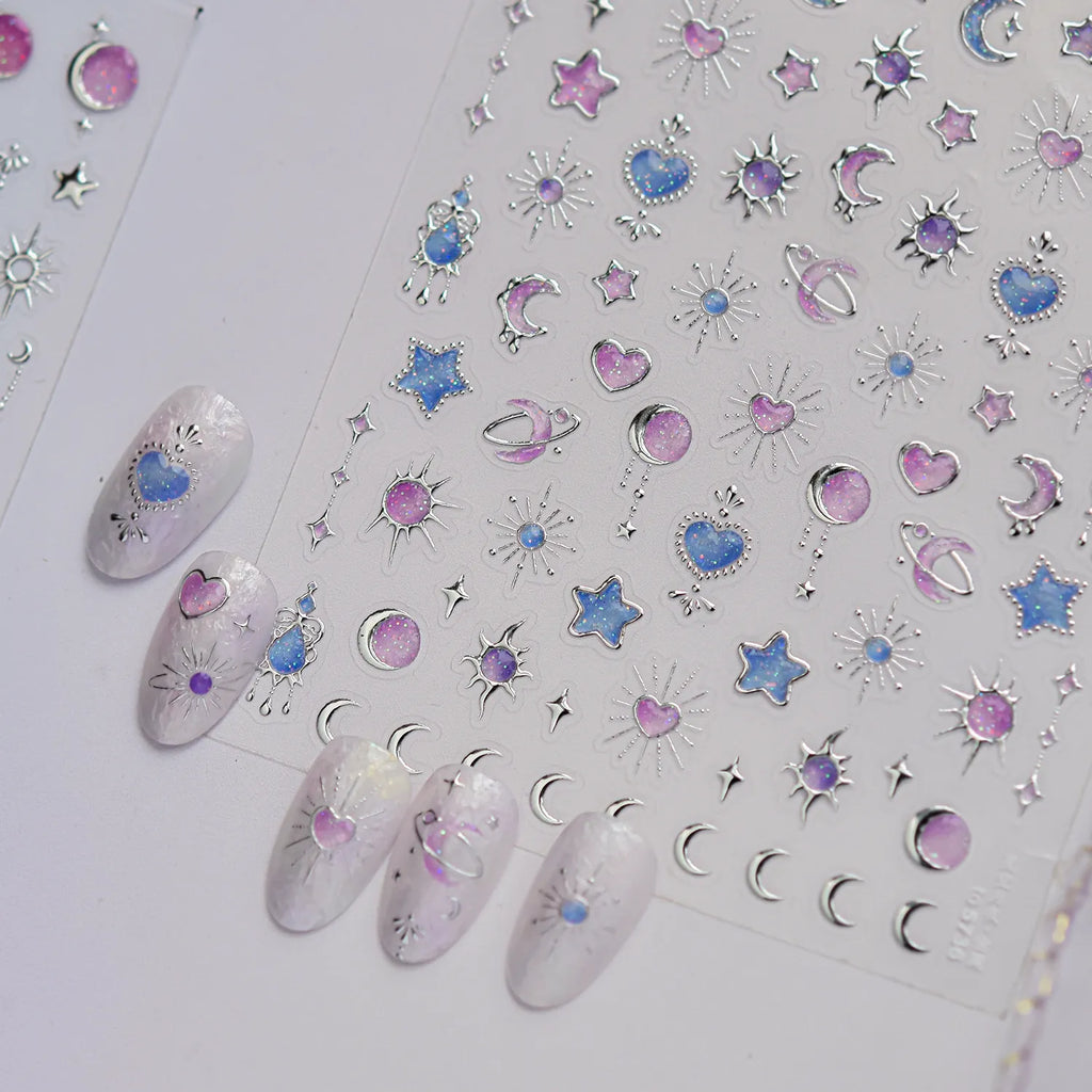 5D Silver Celestial Moon & Star Nail Stickers 5736
