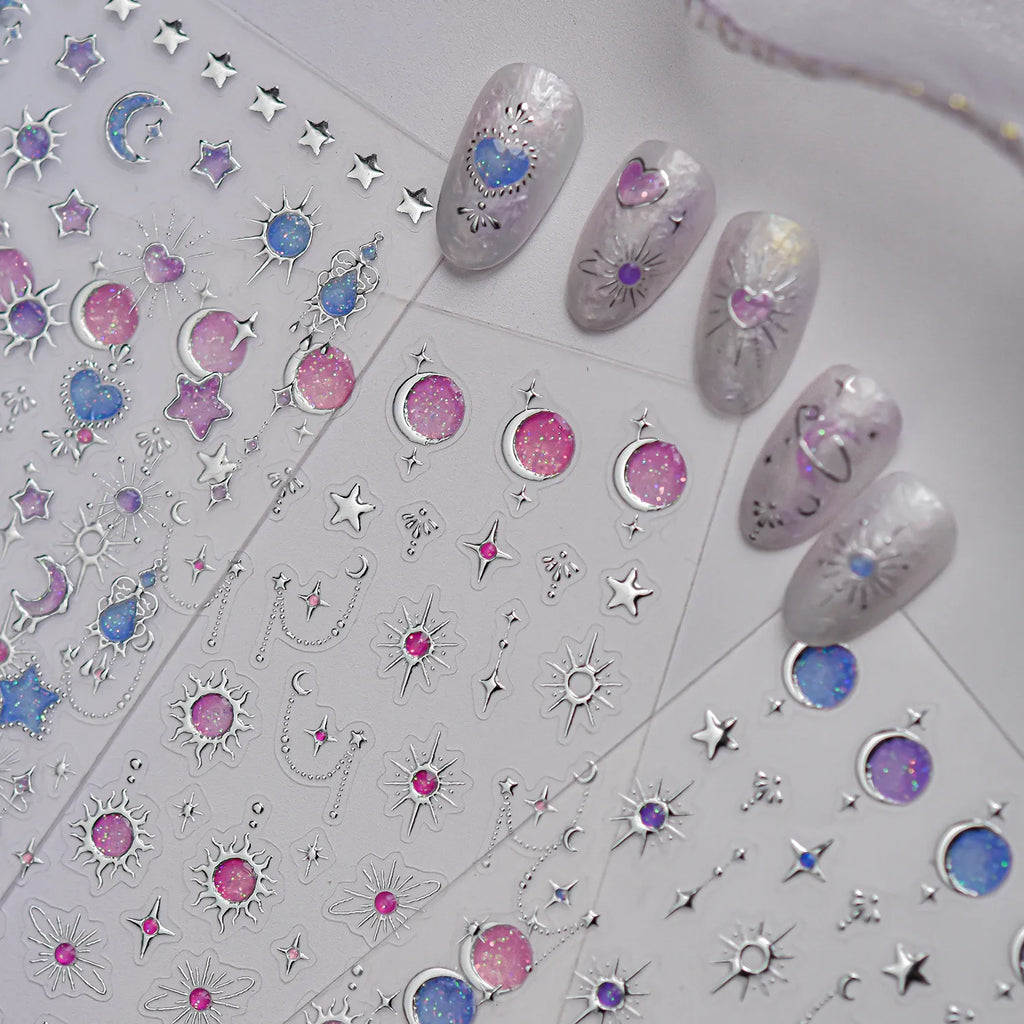 5D Silver Celestial Moon & Star Nail Stickers 5736