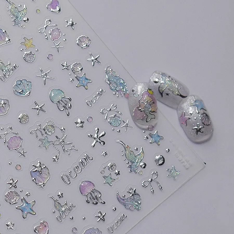 5D Silver Mermaid Ocean & Shell Nail Stickers 