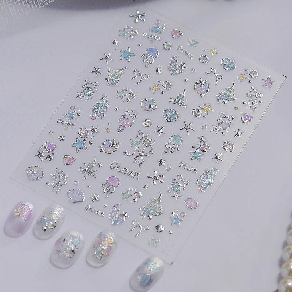 5D Silver Mermaid Ocean & Shell Nail Stickers 
