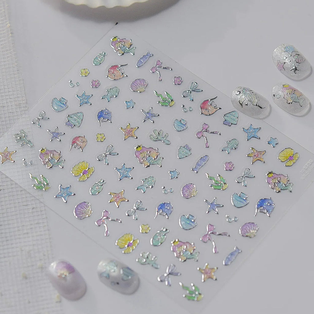 5D Silver Mermaid Ocean & Shell Nail Stickers 
