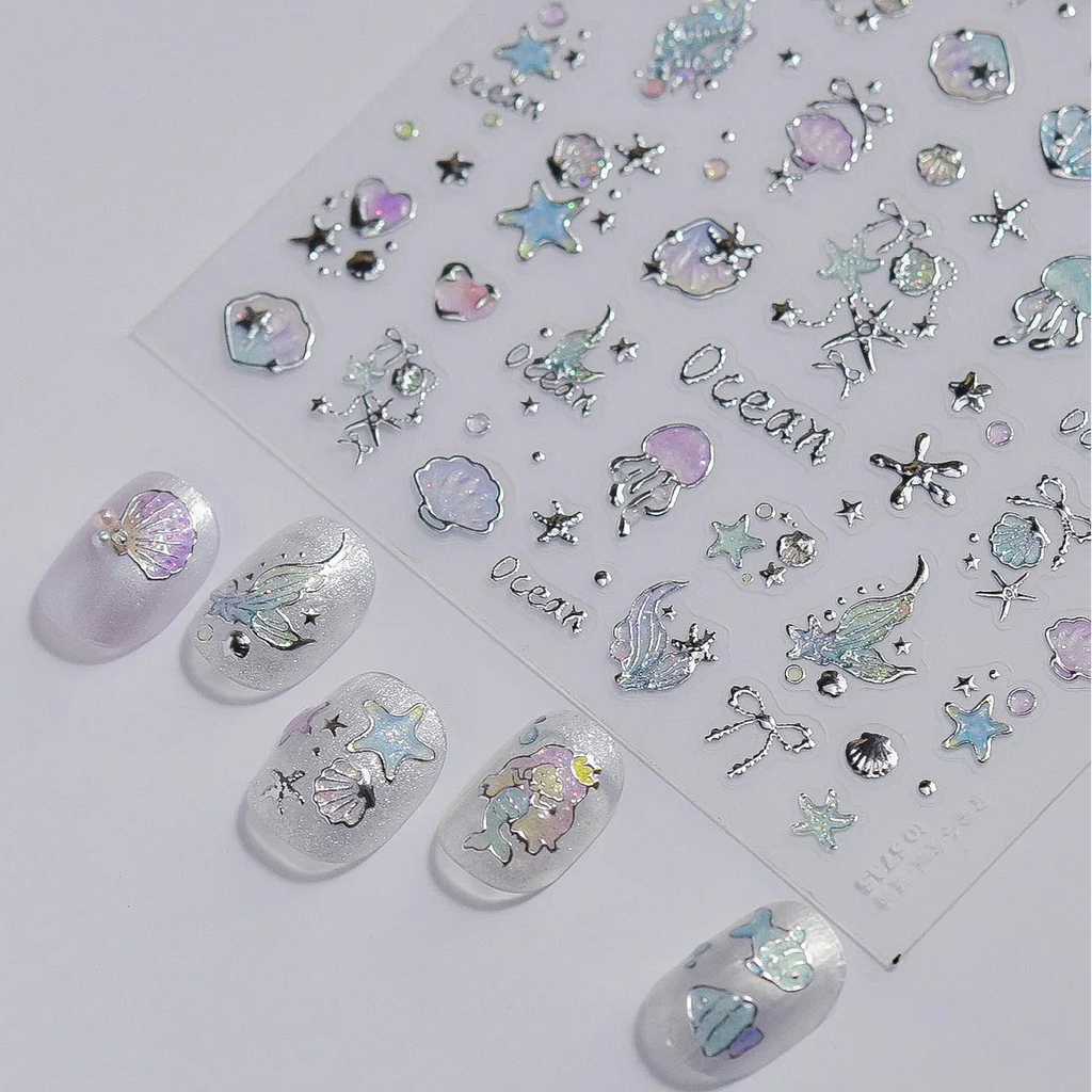 5D Silver Mermaid Ocean & Shell Nail Stickers 