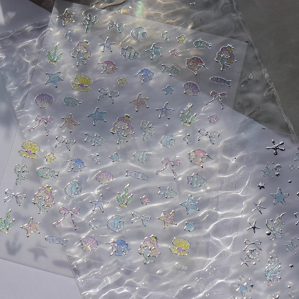 5D Silver Mermaid Ocean & Shell Nail Stickers 