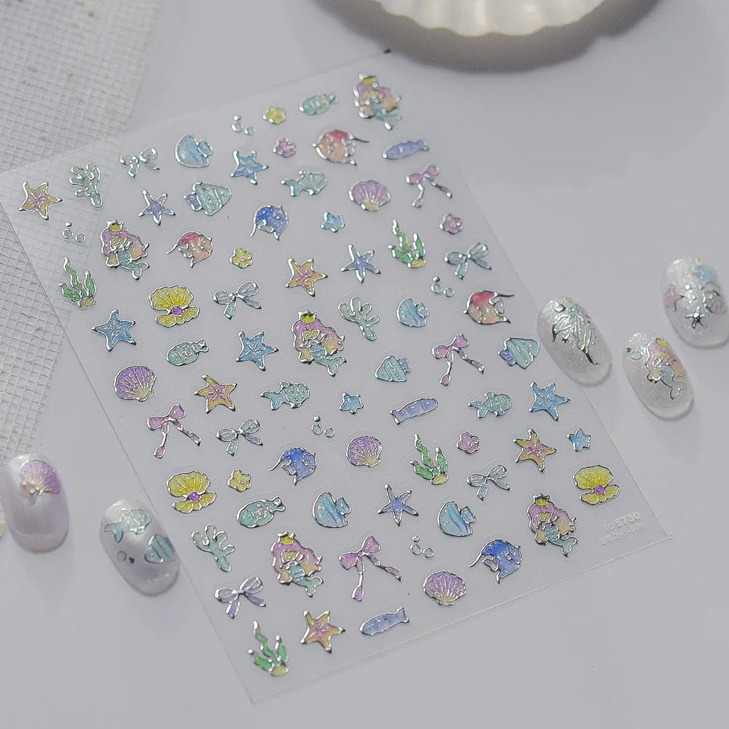 5D Silver Mermaid Ocean & Shell Nail Stickers 