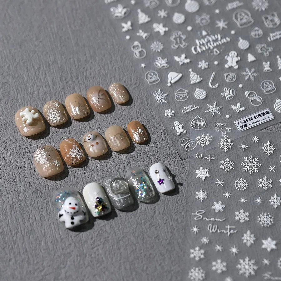 5D Snowflake Nail Art Stickers Adhesive White Snowflakes Sticker Decals TS3537