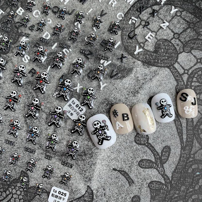 5D Spooky Skeleton Gingerbread Nail Stickers | Cute Goth Halloween Decals
