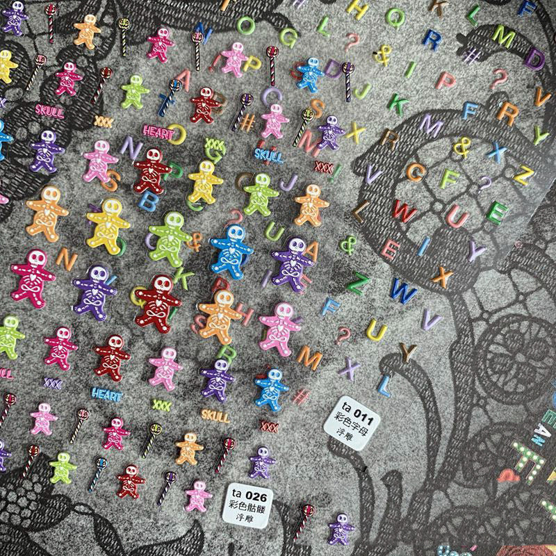 5D Spooky Skeleton Gingerbread Nail Stickers | Cute Goth Halloween Decals