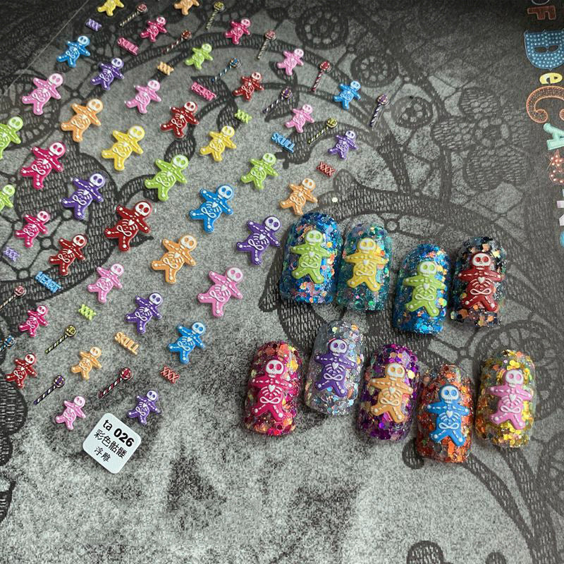 5D Spooky Skeleton Gingerbread Nail Stickers | Cute Goth Halloween Decals