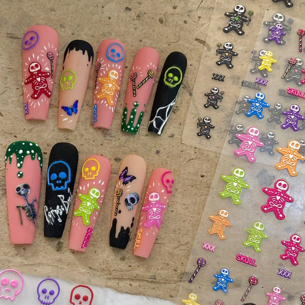 5D Spooky Skeleton Gingerbread Nail Stickers | Cute Goth Halloween Decals
