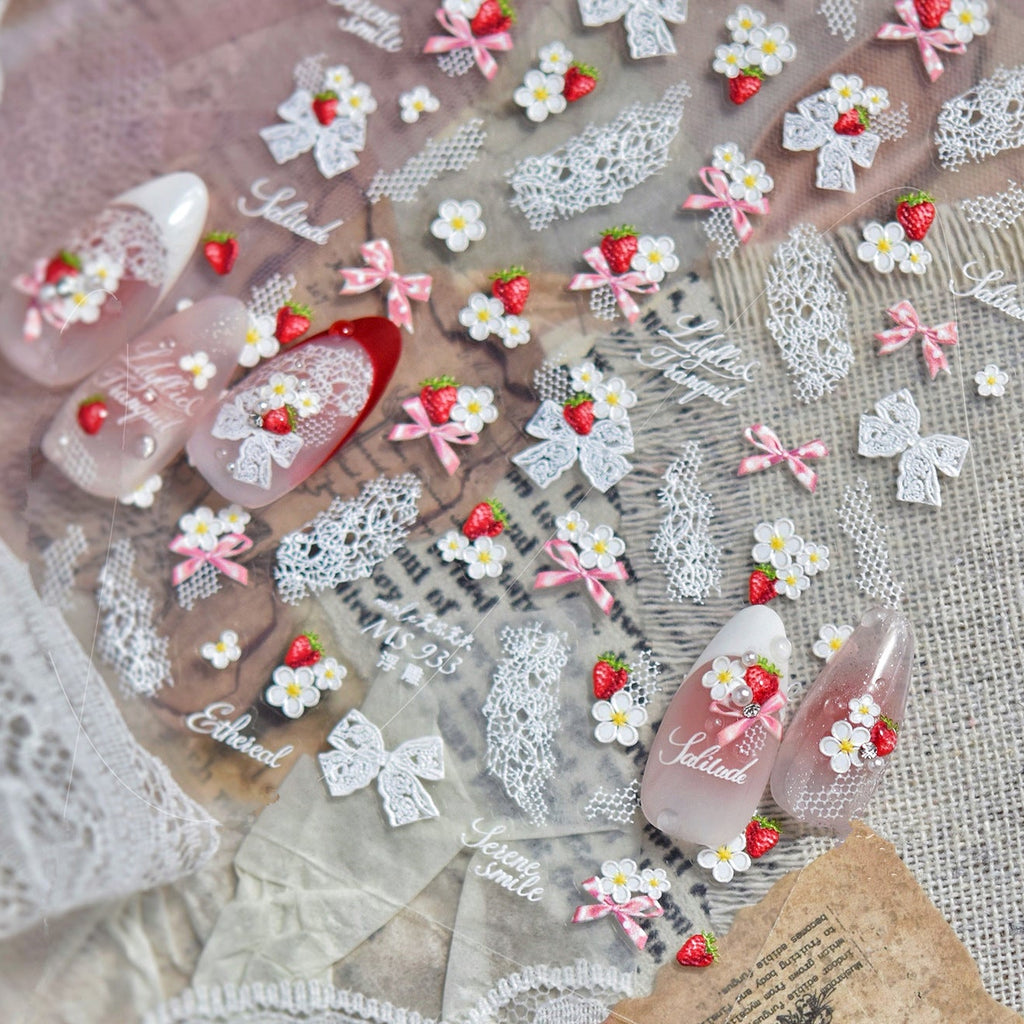 5D Strawberry & Lace Bow Nail Stickers 933
