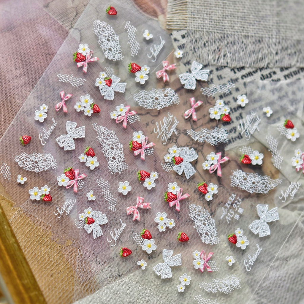 5D Strawberry & Lace Bow Nail Stickers 933