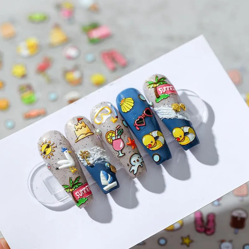 5D Summer Beach Nail Art Stickers Coconut Ice Cream Cold Drink Design Adhesive Sliders Sticker Decals TS1451