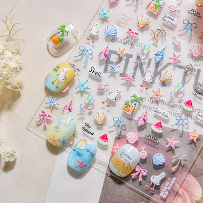 5D Summer Beach Nail Stickers – Cute Seashell, Palm Tree & Seagull Nail Art Decals