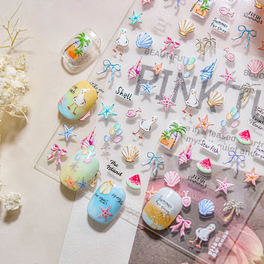 5D Summer Beach Nail Stickers – Cute Seashell, Palm Tree & Seagull Nail Art Decals
