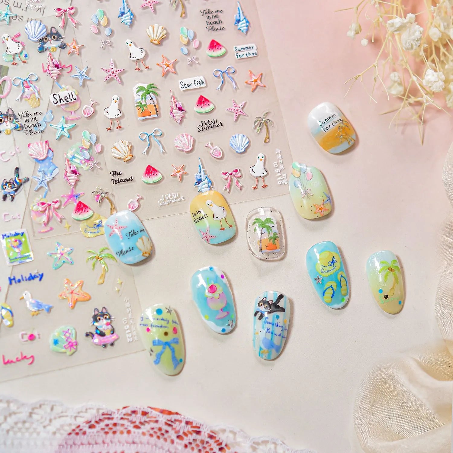 5D Summer Beach Nail Stickers – Cute Seashell, Palm Tree & Seagull Nail Art Decals