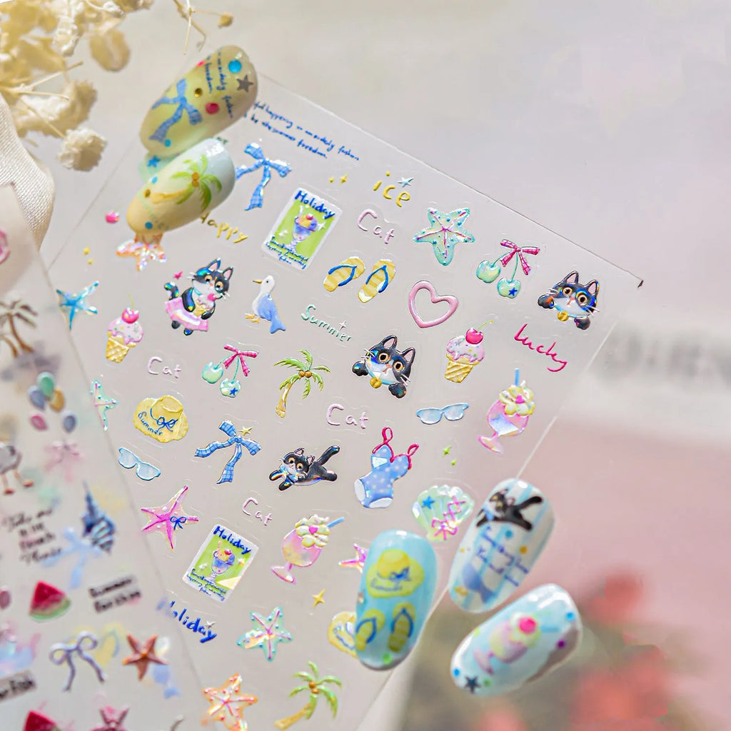 5D Summer Beach Nail Stickers – Cute Seashell, Palm Tree & Seagull Nail Art Decals