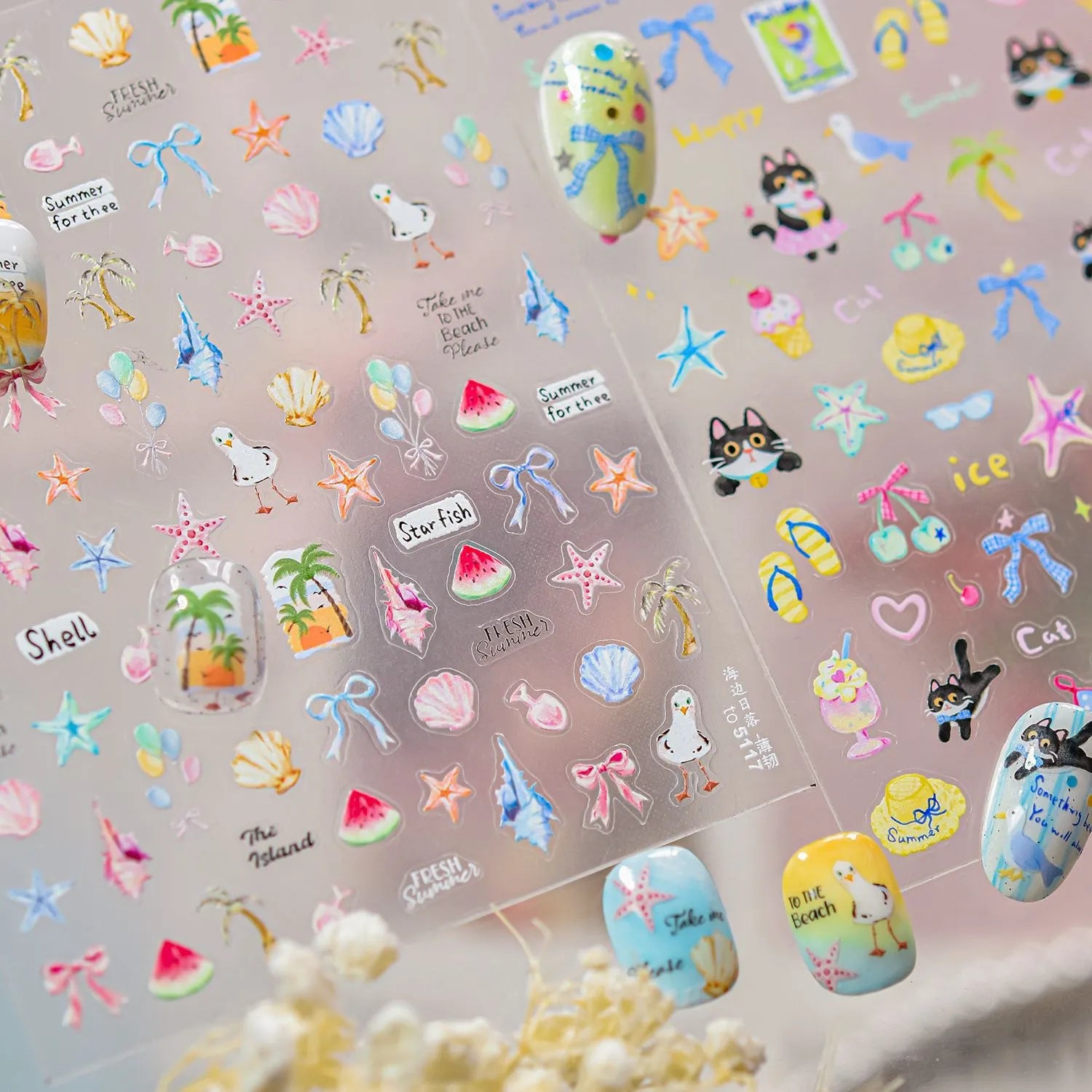 5D Summer Beach Nail Stickers – Cute Seashell, Palm Tree & Seagull Nail Art Decals