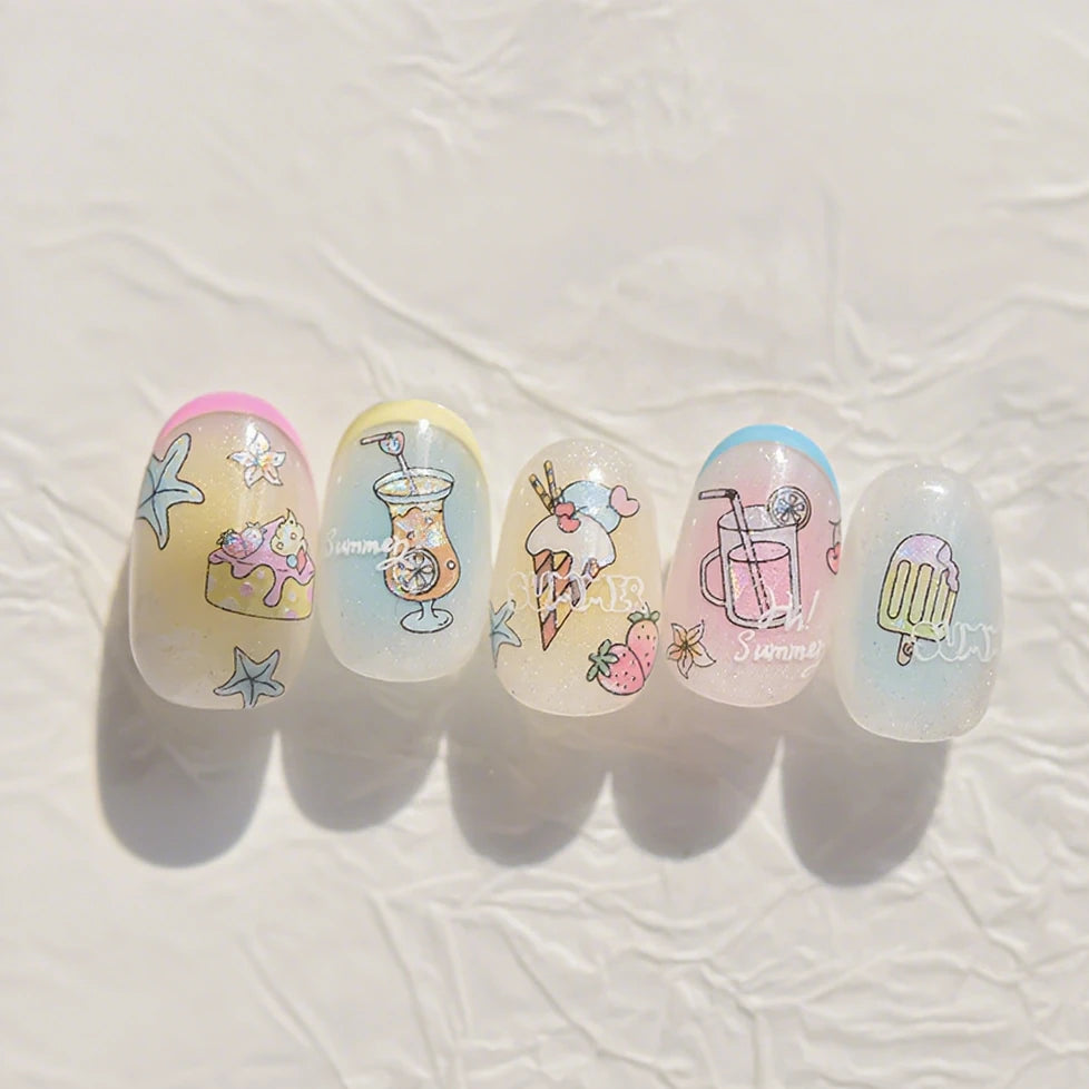 5D Summer Beach Nail Stickers – Kawaii Ice Cream, Palm Tree & Fruit Designs
