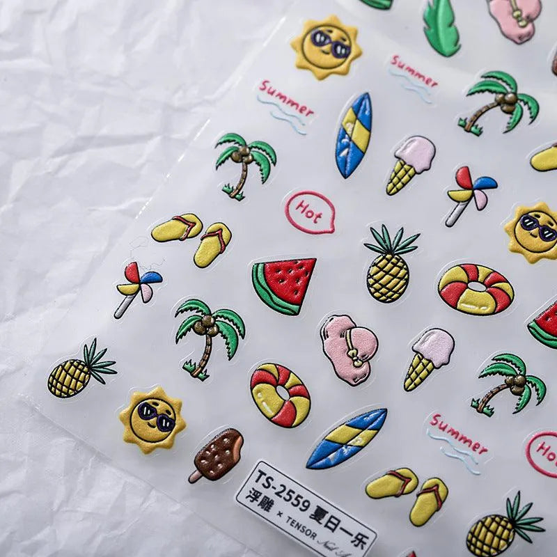 5D Summer Nail Stickers | Cute Beach Vacation & Tropical Palm Tree Decals Nail Art Sticker TS2558