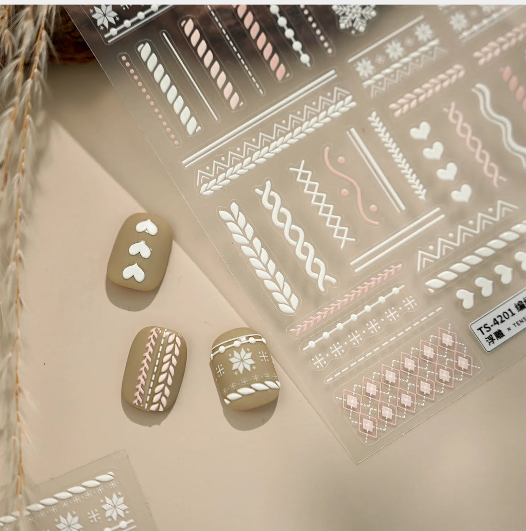 5D Sweater Knit Nail Stickers - Winter Fair Isle & Nordic Nail Art Decals TS4201