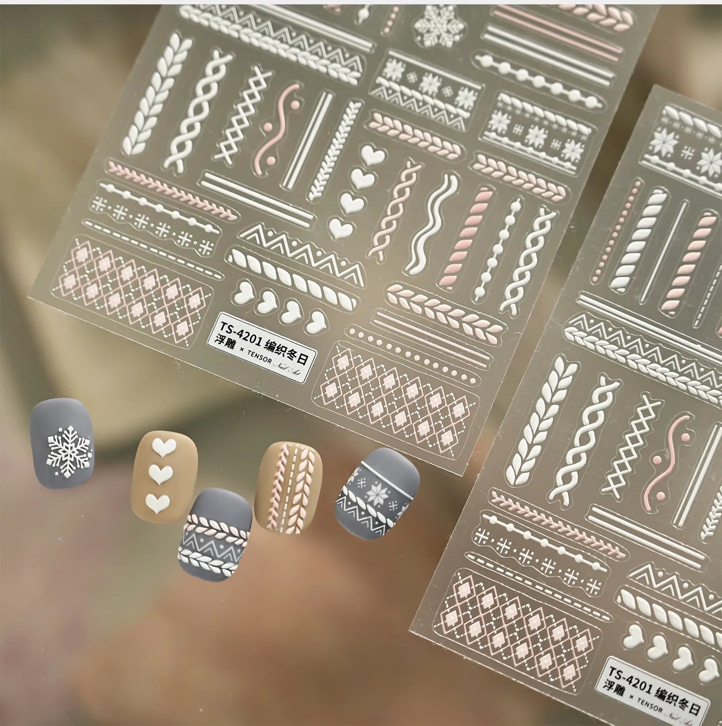 5D Sweater Knit Nail Stickers - Winter Fair Isle & Nordic Nail Art Decals TS4201