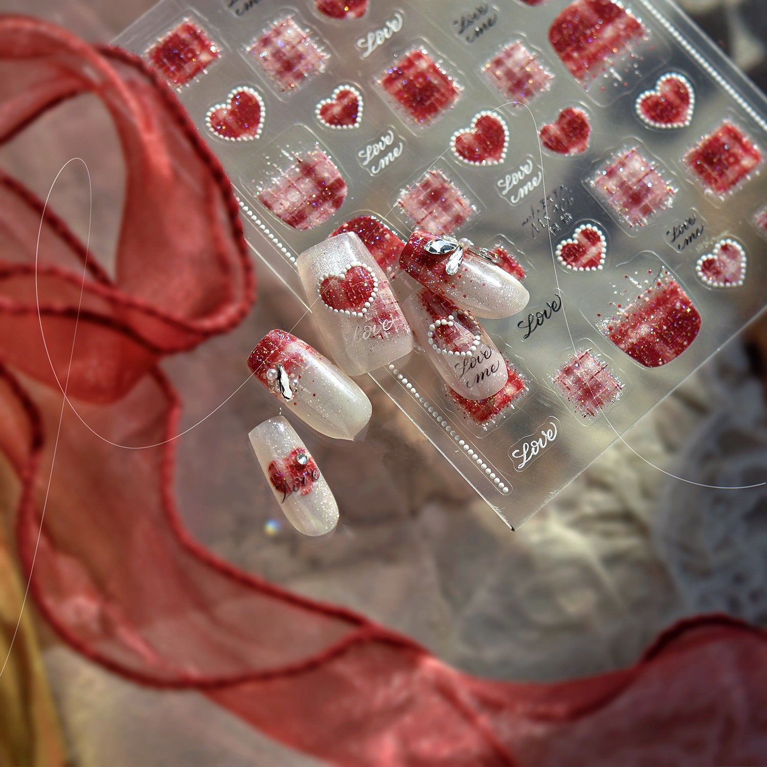 5D Tweed & Pearl Heart Nail Stickers - Pink Red French Tip Decals MS906